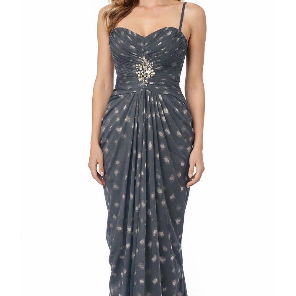 Adrianna Papell Foiled Dot Draped Mesh Gown Gray Sz 6 Formal Party Wedding Prom